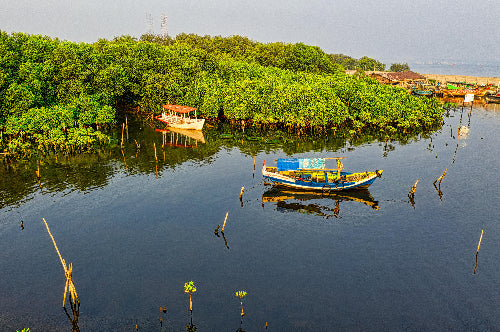 Boat on a calm body of water with greenery in the background
