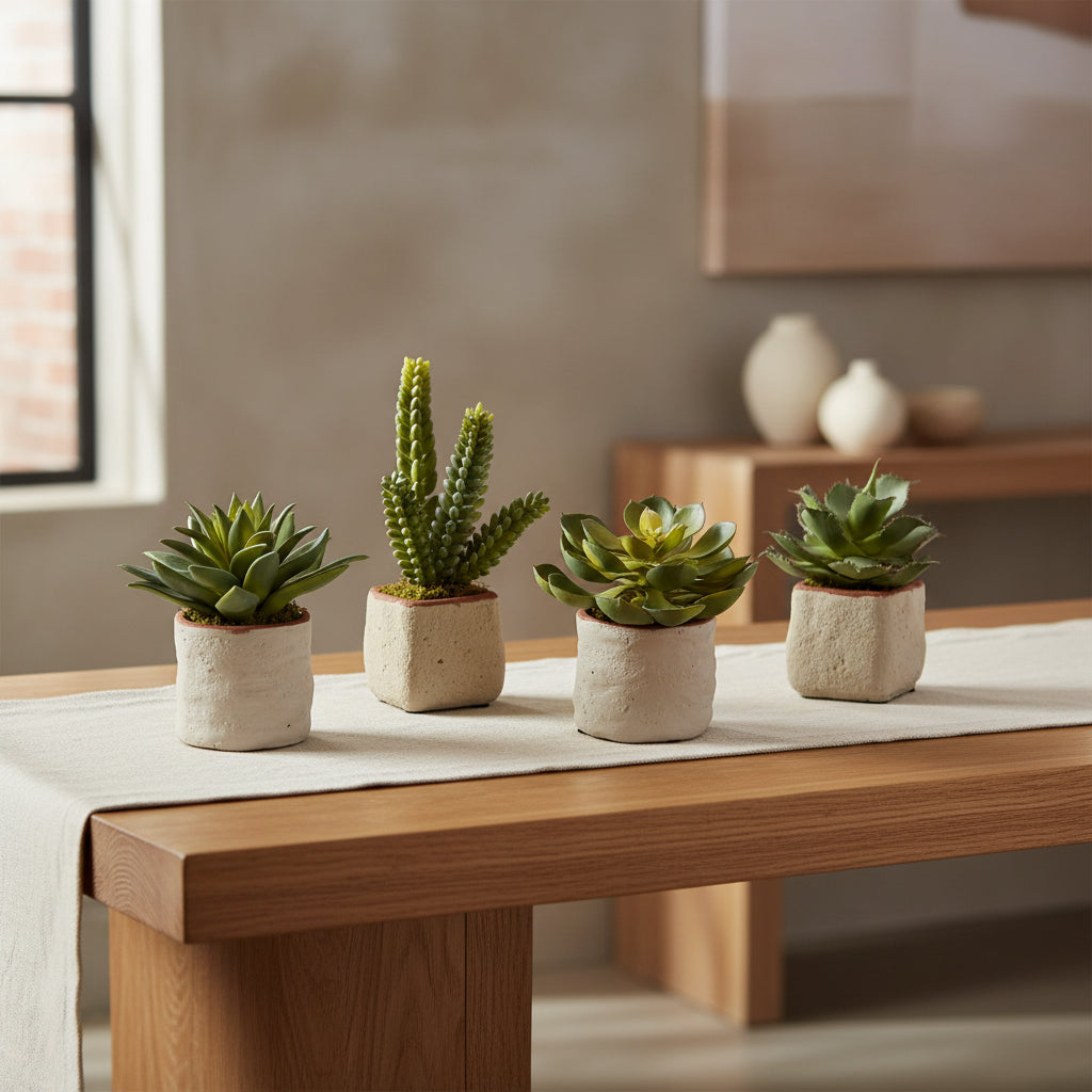 Four artificial succulent plants in beige pots on a white background