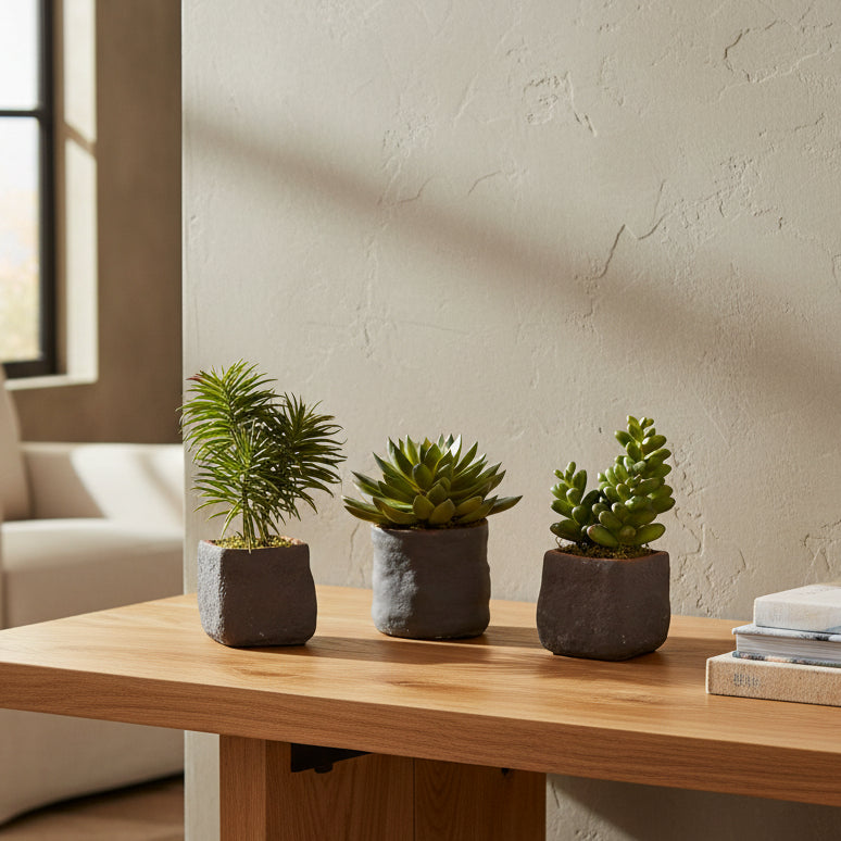 Three potted plants with green foliage on a white background