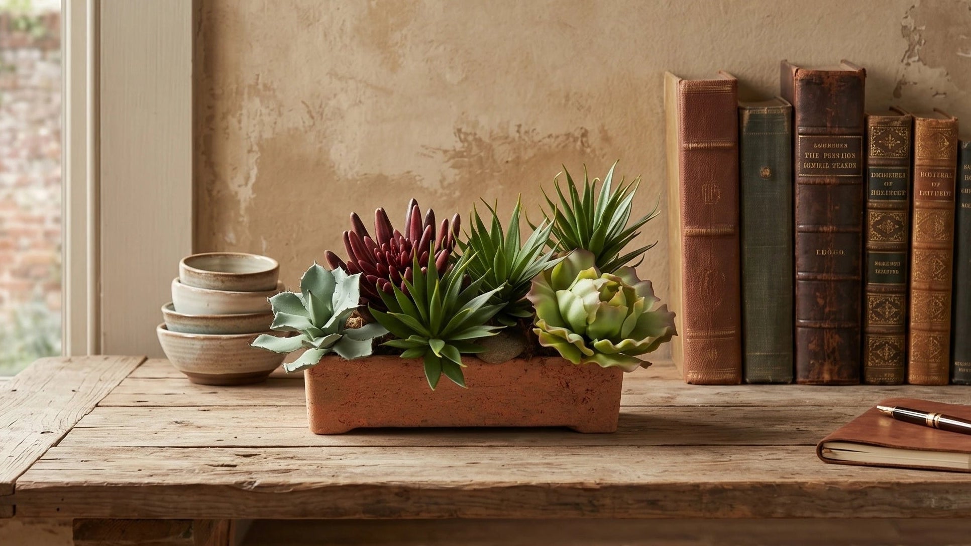 Wooden table with a plant, books, and a notebook in a home setting.
